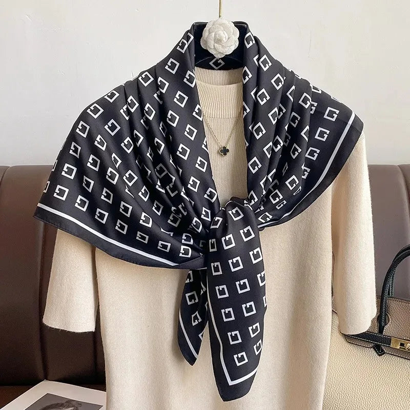 Luxury Letter Print Twill Silk Scarf - Hijab Shawl & Headband 90cm