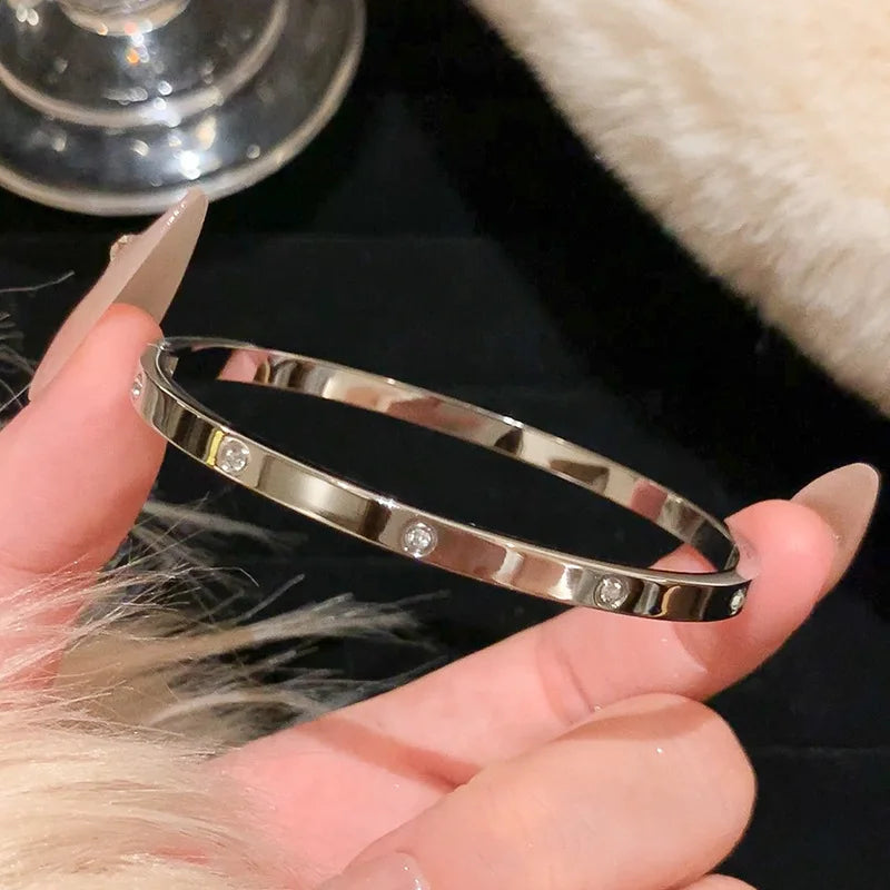 Titanium Steel Silver Bracelet - Classic Zircon Inlaid Bangle for Women