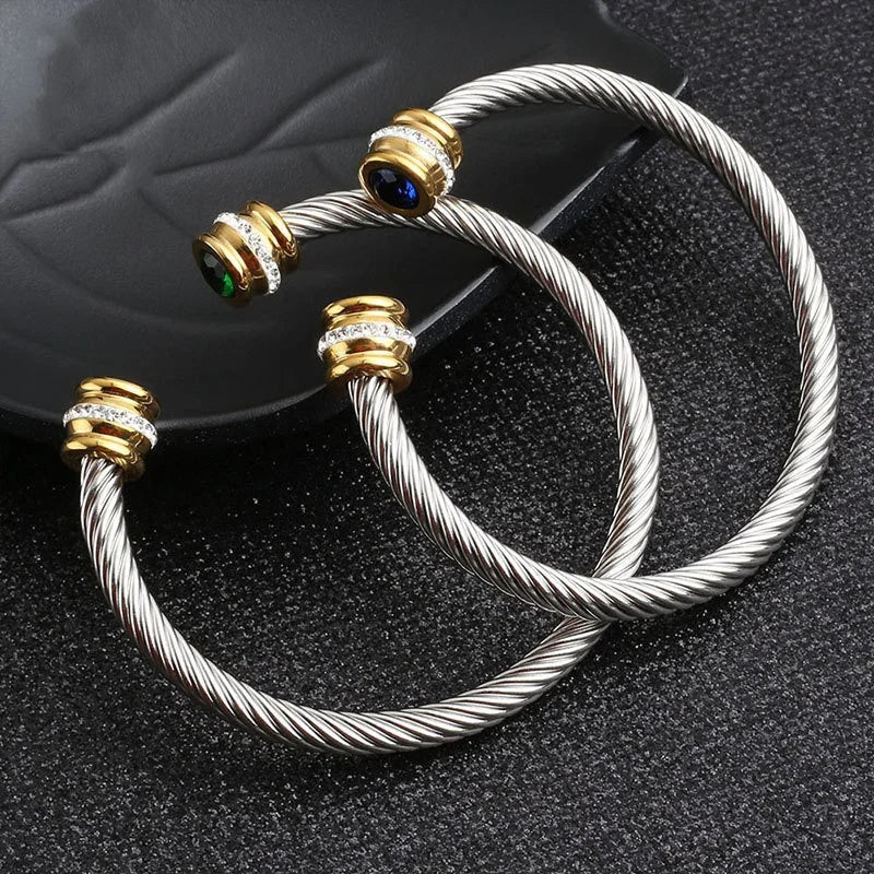 Seven-Color Zircon Bracelet - Titanium Steel European Woven Style Bangle