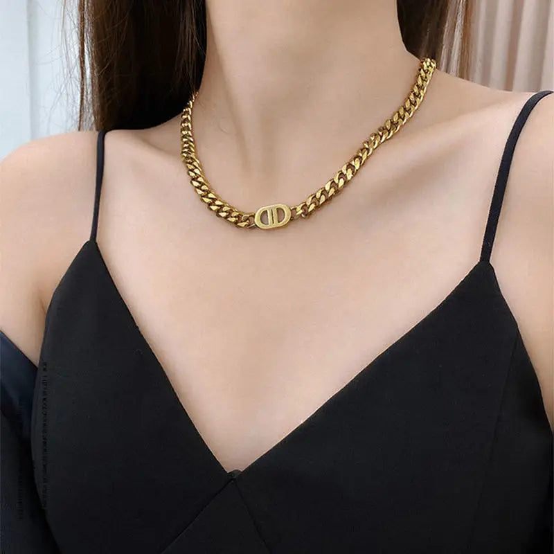 Cocoguchi golden color Thick Letter Titanium Steel Necklace & Bracelet for Women four sealsonal wearage popular fashion jewelry