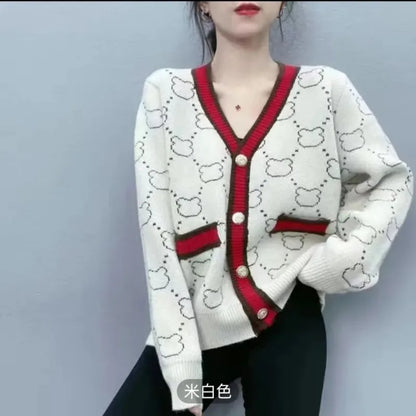 V-Neck Color Block Knitted Cardigan - Spring Autumn 2025