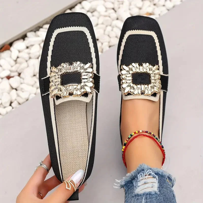 Women's Knitted Square Toe Loafers - Breathable Slip-On Flats