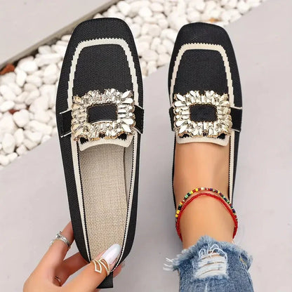 Women's Knitted Square Toe Loafers - Breathable Slip-On Flats
