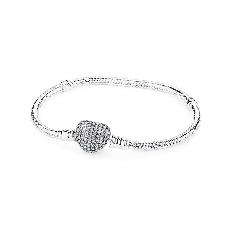 Original Sterling Silver Bracelet Love Heart Clasp Charms Beads Snake Chain Bracelets Bangles Luxury Jewelry For Women Gift