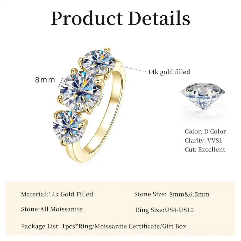 3-Stone Moissanite Engagement Ring - 14K Gold Filled, 8mm & 6.5mm Round Cut