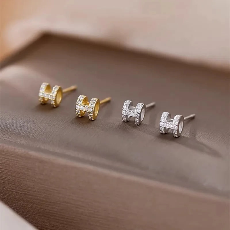 Sterling Silver H-letter Exquisite Earrings Small And Simple Set With Diamond Hollow Earrings Birthday Gift Jewelry
