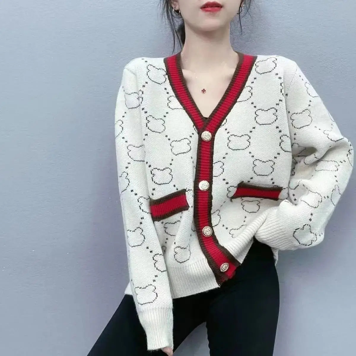 V-Neck Color Block Knitted Cardigan - Spring Autumn 2025