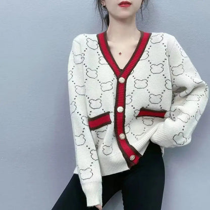 V-Neck Color Block Knitted Cardigan - Spring Autumn 2025