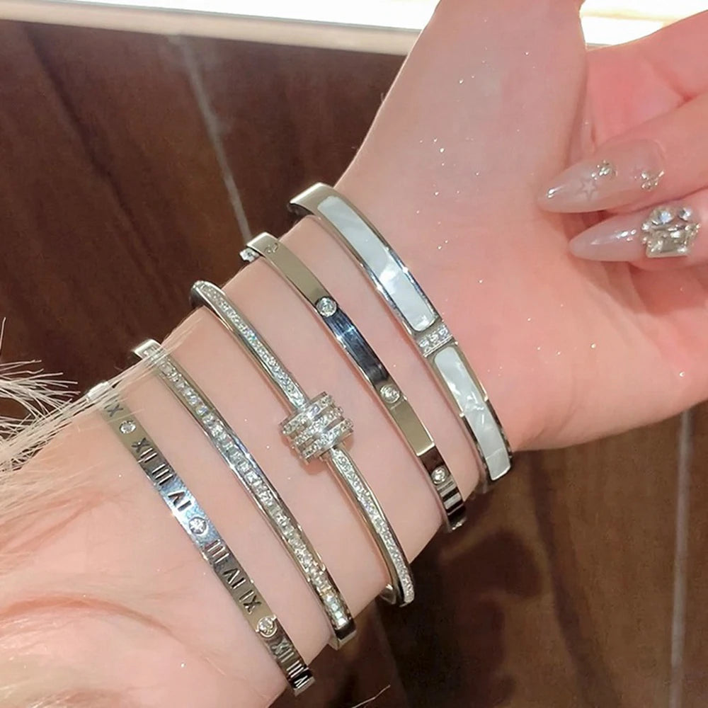 Titanium Steel Silver Bracelet - Classic Zircon Inlaid Bangle for Women