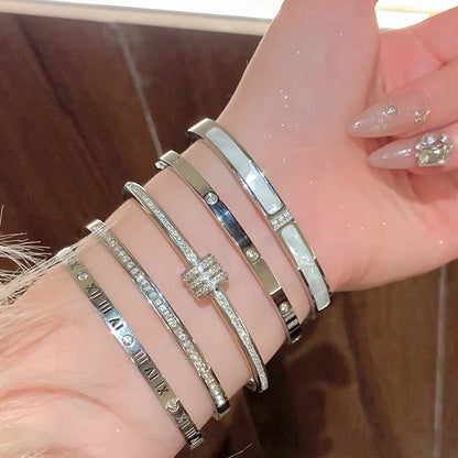 Titanium Steel Silver Bracelet - Classic Zircon Inlaid Bangle for Women