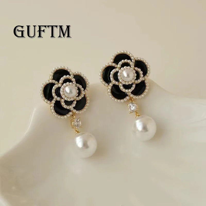 GUFTM Camellia Pearl Pendant Earrings for Women Luxury Brand Design Cc Style Party Wedding Jewelry Gift Earrings for Women