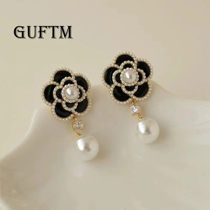 GUFTM Camellia Pearl Pendant Earrings for Women Luxury Brand Design Cc Style Party Wedding Jewelry Gift Earrings for Women