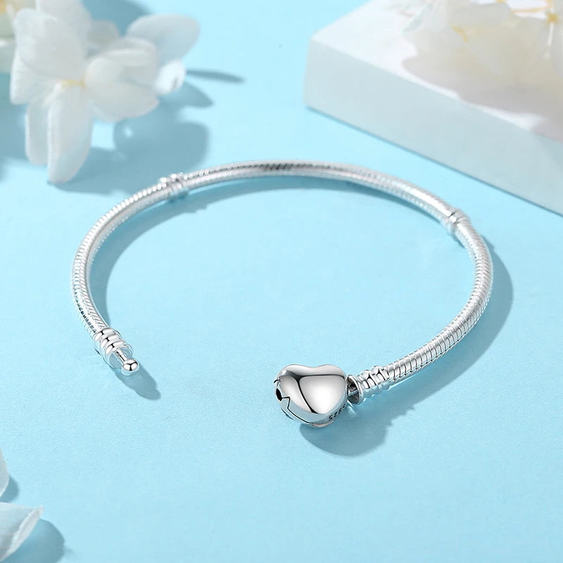 Sterling Silver Rose Gold Heart Charm Bracelet - Snake Chain Bangle