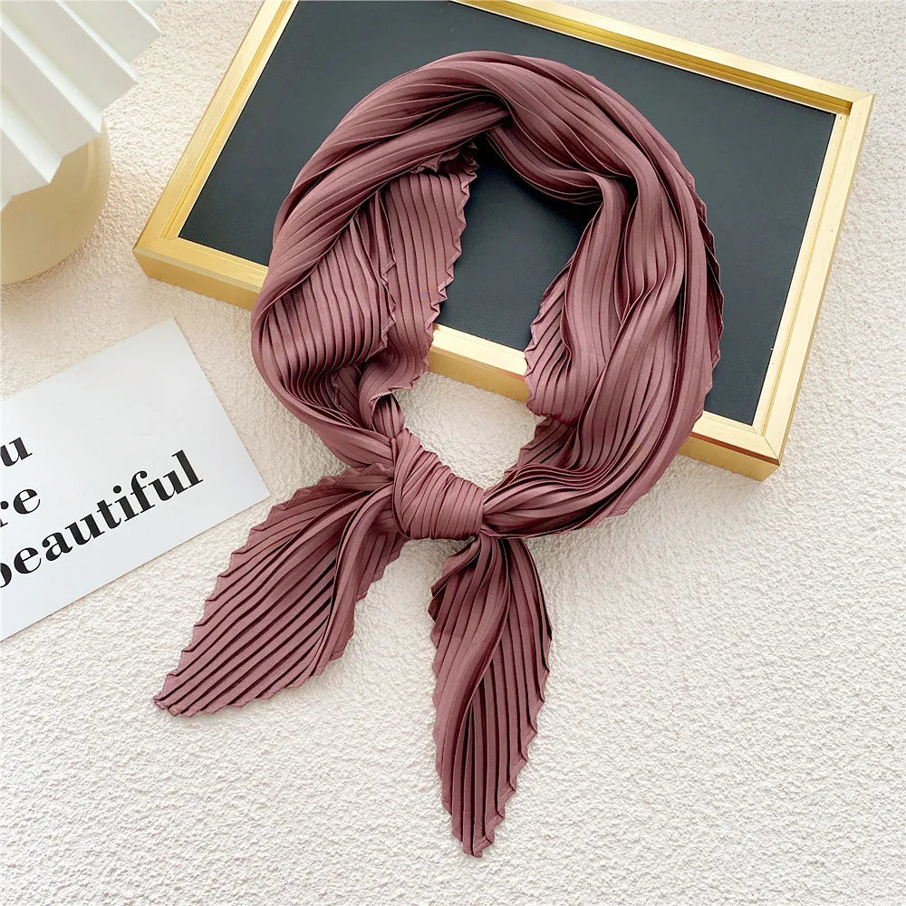 New Floral Print Pleated Silk Scarf Square Neck Scarves Crinkle Hair Bands Scarf Bandana Satin Hijab Head Wraps Neckerchief