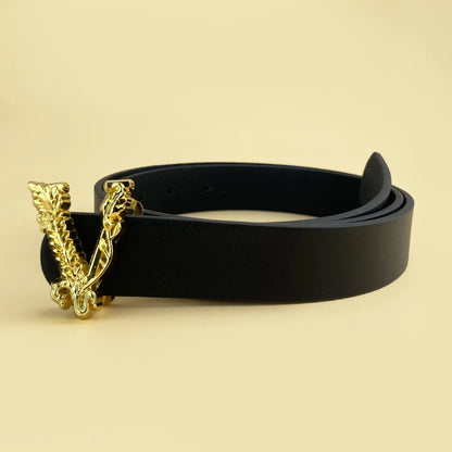 2025 Fashion V-Buckle Belt, Women's Slim Decorative Strap, Black PU Leather for Jeans, Chic Office Daily Accessory