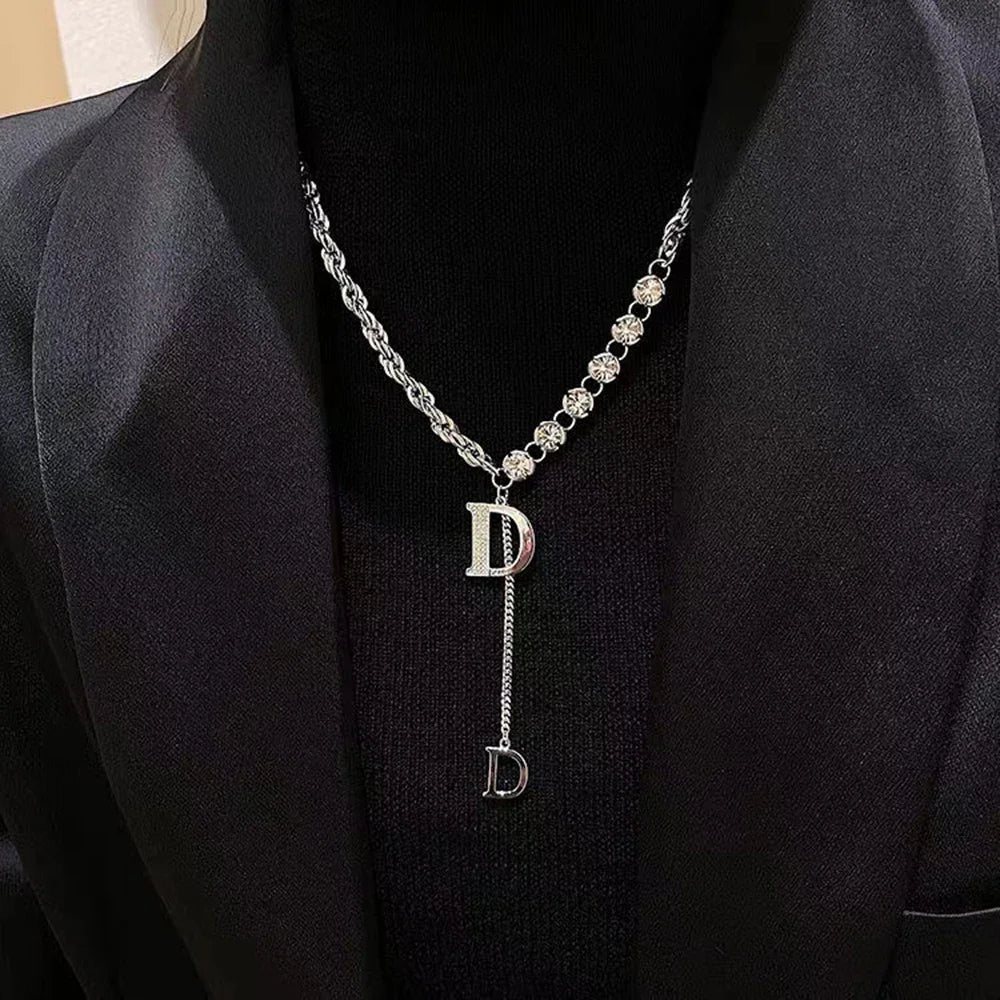 Silver Letter D Pendant Necklace | Micro Zircon Snake Chain