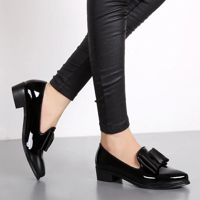Women's Patent Leather Bow Loafers - Pointed Toe Flat Shoes