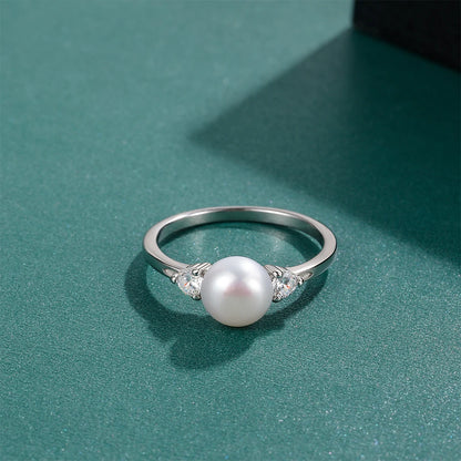 925 Sterling Silver Freshwater Pearl & Zircon Ring | Minimalist Wedding Band for Women