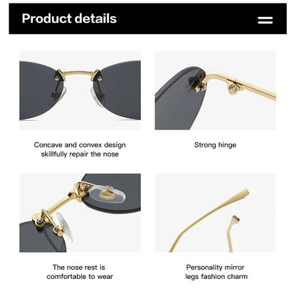 Fashion Rimless Sunglasses Women UV400 - Oval Elegant Diamond Retro Eyewear 3PCS Set