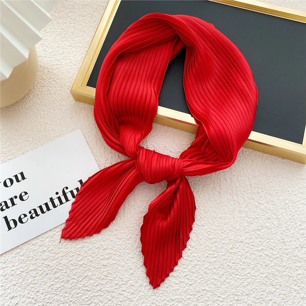 New Floral Print Pleated Silk Scarf Square Neck Scarves Crinkle Hair Bands Scarf Bandana Satin Hijab Head Wraps Neckerchief