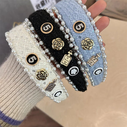Exquisite Crystal Ball Pearl Number 5 Letter Camellia Headband Women Hair Accessories France Pearl Beaded Hairhoops Headwears