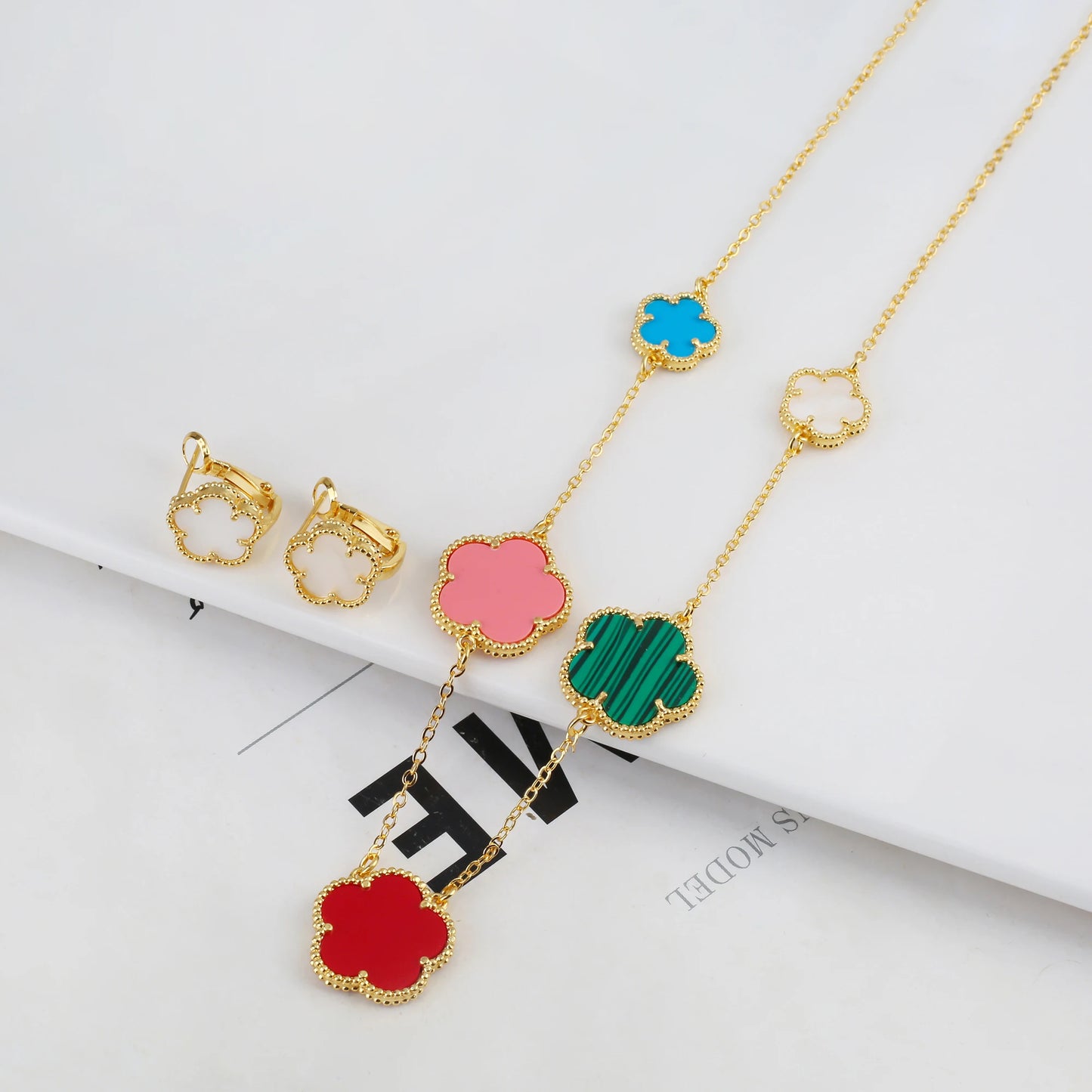 Plant Five Leaf Flower Double sided Plum Blossom Jewelry Set Necklace Earrings New Design Natural Stone Women High Quality Clove