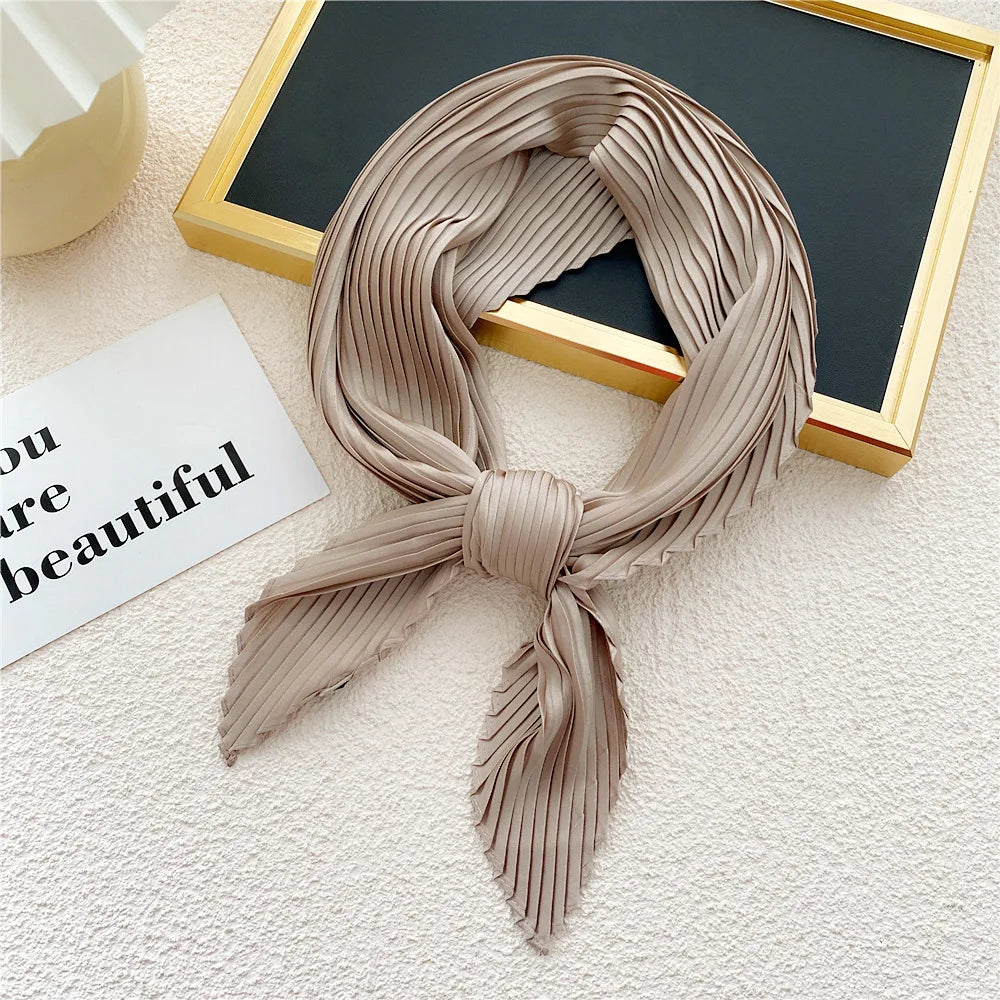 New Floral Print Pleated Silk Scarf Square Neck Scarves Crinkle Hair Bands Scarf Bandana Satin Hijab Head Wraps Neckerchief