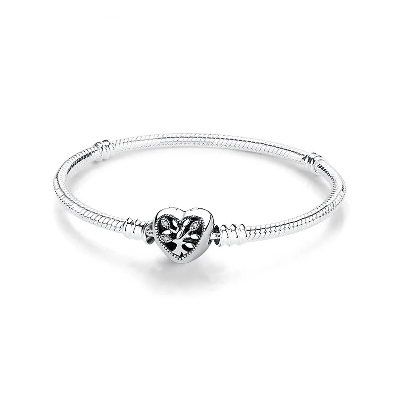Original Sterling Silver Bracelet Love Heart Clasp Charms Beads Snake Chain Bracelets Bangles Luxury Jewelry For Women Gift