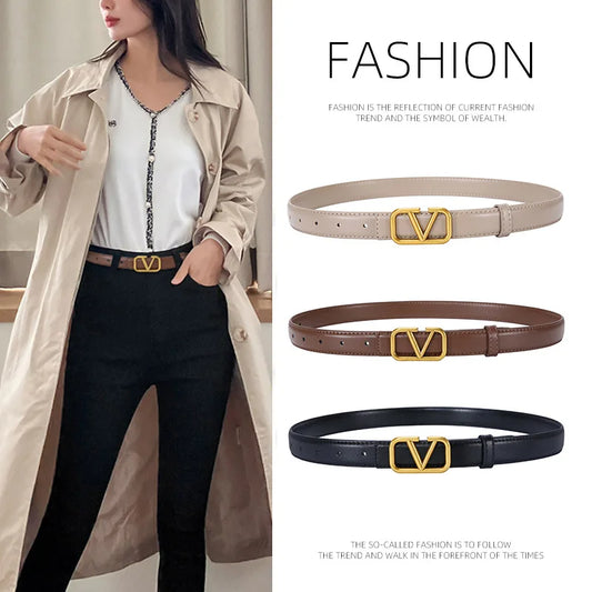 2025 New Women's Light Luxury Leather Belt Smooth Buckle Retro Versatile Design Fashion Trendy Decoration for Jeans