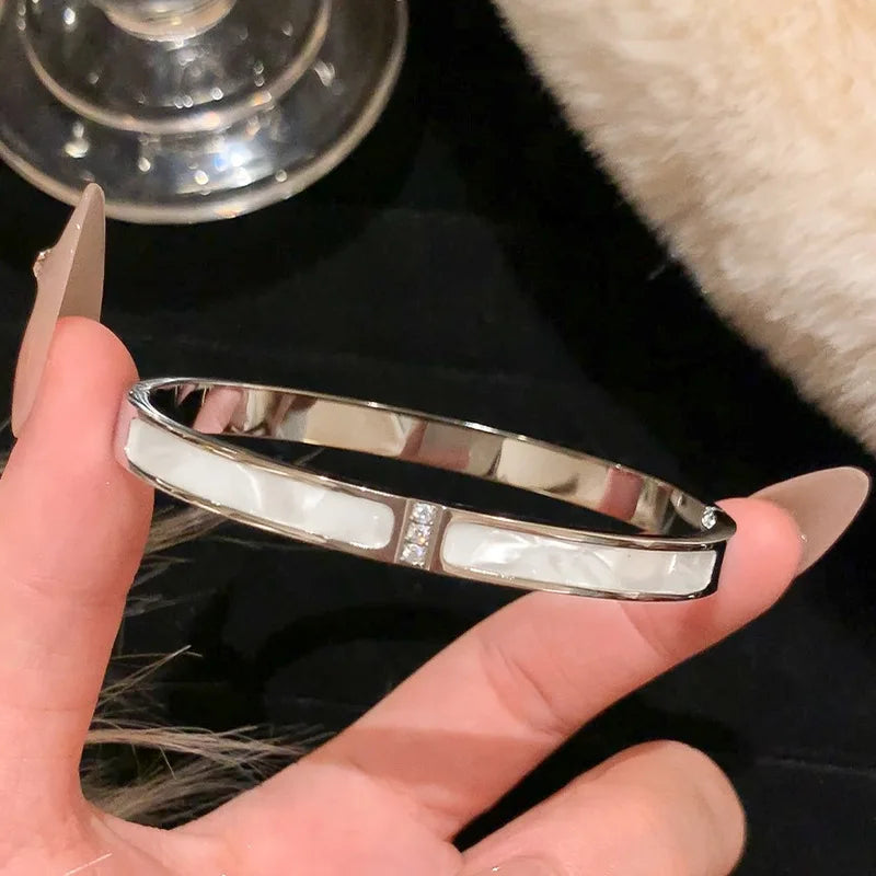 Titanium Steel Silver Bracelet - Classic Zircon Inlaid Bangle for Women