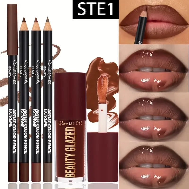 4-Piece Lip Kit Set — 3 Lip Liners + 1 Lip Glaze | Waterproof Matte Effect