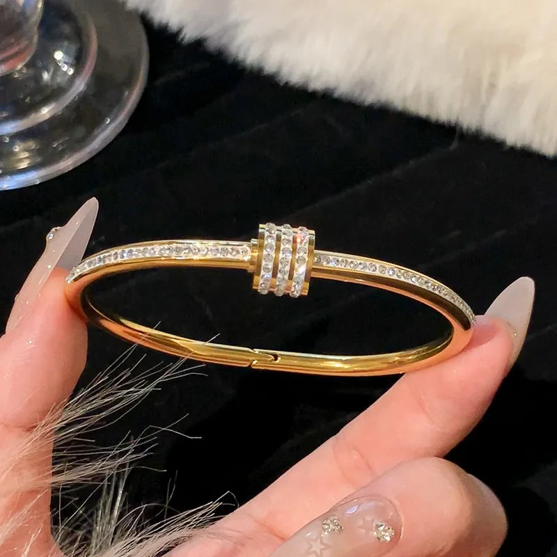 Titanium Steel Gold Bracelet - Classic Zircon Inlaid Bangle for Women