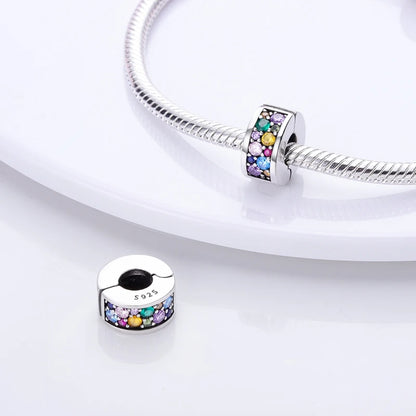 925 Sterling Silver CZ Pave Round Clip Charm - Bracelet Necklace Bead