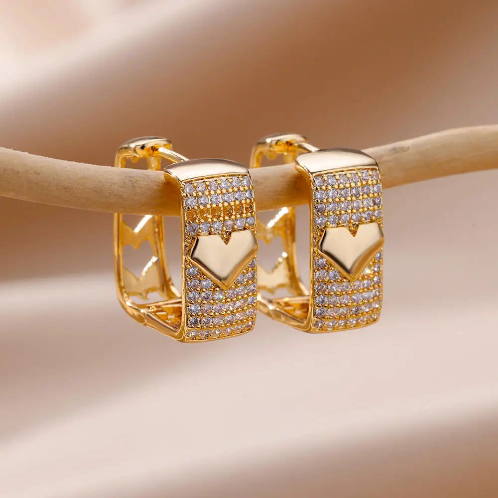 Shiny Zircon Circle Square Hoop Earrings for Women Gold Color Stainless Steel Earrings Luxury Christmas Jewelry Wedding aretes