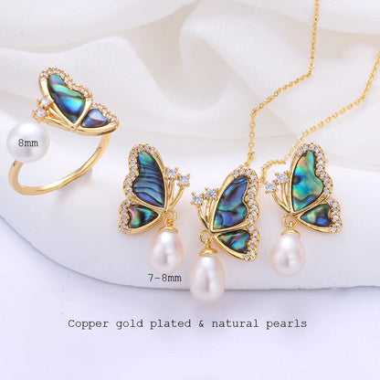 Natural Freshwater Pearl Butterfly & Abalone Shell Jewelry Set | Necklace, Ring & Earrings