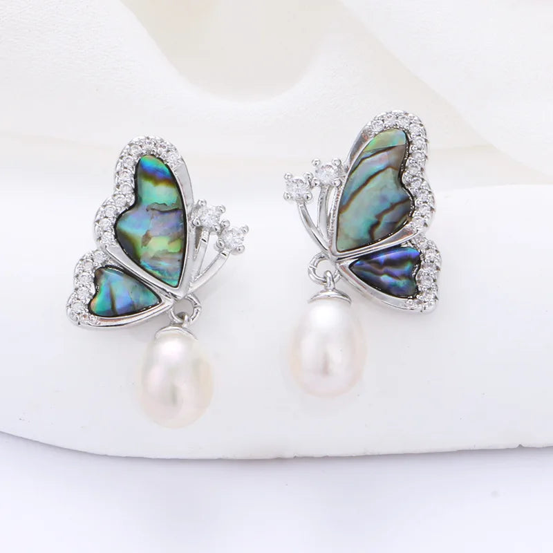 Natural Freshwater Pearl Butterfly & Abalone Shell Jewelry Set | Necklace, Ring & Earrings