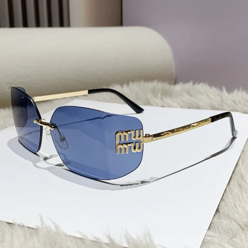 1pc Classic Sun Glasses Female Funky Metal Luxury Rimless Sunglasses Women BrandDesigner Rivets Rectangle Gradient Curved Shades