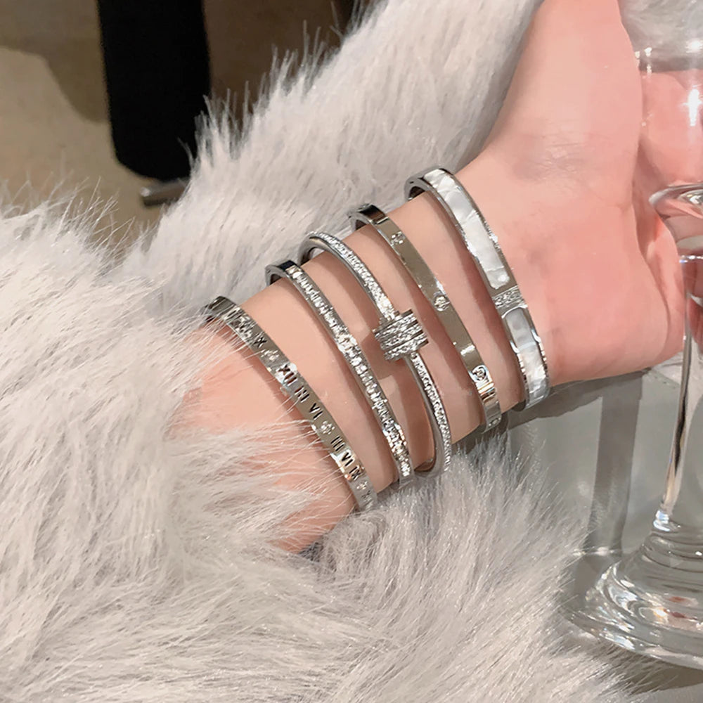 Titanium Steel Silver Bracelet - Classic Zircon Inlaid Bangle for Women