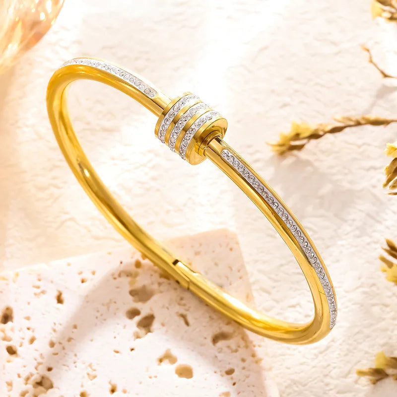 UILZ Gold Plated Cuff Bangle Copper Material Cubic Zircon Stone Rhodium Plated Size Adjustable Cuff Bracelet Girl Fashion Gifts