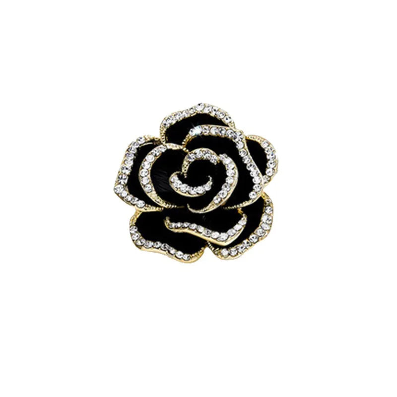 Boutique Black Camellia Brooch Girls Fashion Luxury Rhinestone Clothing Black Rose Corsage Women Zircon Lapel Pin Badge Jewelry