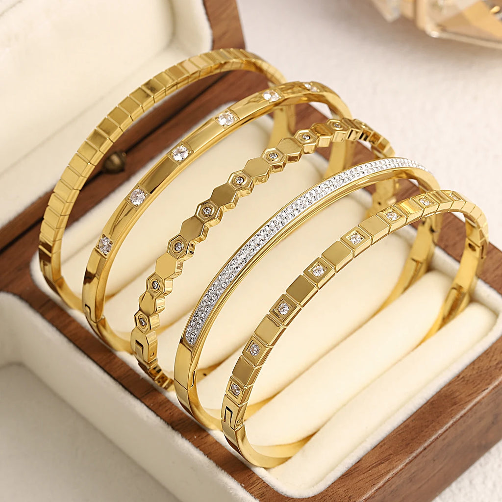 Greatera Trendy Gold Plated 316L Stainless Steel Bangles Bracelets for Women Delicate Cubic Zirconia Bracelet Party Jewelry 2024
