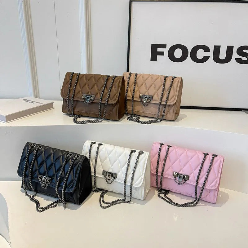 1 simple and stylish diamond grid crossbody bag, metal chain shoulder bag, suitable for women's daily leisure use-A-DH