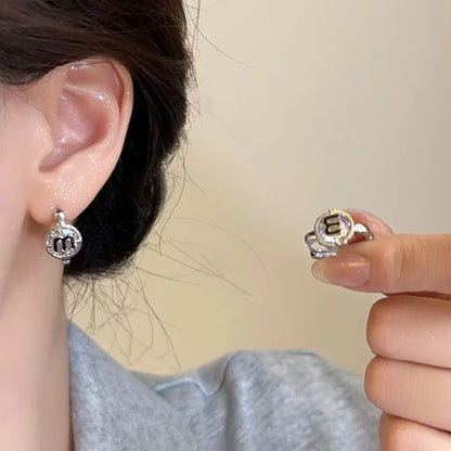 Trendy Sterling Silver Letter M Colour Crystal Hoop Earring for Women Korean Charm Hip-hop Jewelry Accessory Gift No Allergy