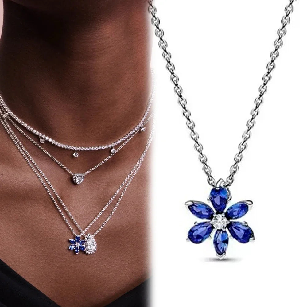 925 Sterling Silver Sparkling Blue Glass Flower Stud Earrings | Fine Jewelry Gift for Women