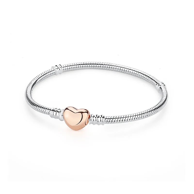 Original Sterling Silver Bracelet Love Heart Clasp Charms Beads Snake Chain Bracelets Bangles Luxury Jewelry For Women Gift