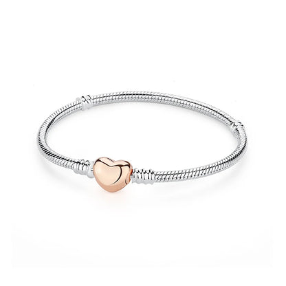 Original Sterling Silver Bracelet Love Heart Clasp Charms Beads Snake Chain Bracelets Bangles Luxury Jewelry For Women Gift