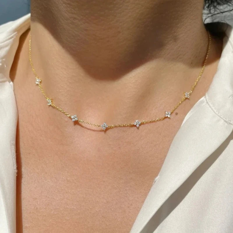 Stainless Steel Zircon Necklaces For Women 18k Gold Plated Four Leaf Grass Crystal Clover Choker Neck Chain Luxury Jewelry Gifts