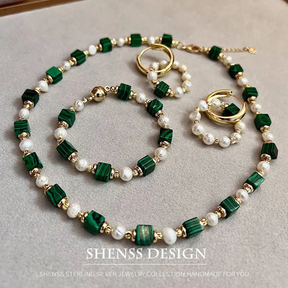 Natural Freshwater Pearl & Synthetic Malachite Jewelry | 14K Gold Plated Necklace, Bracelet & Earrings | Vintage Style