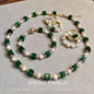 Natural Freshwater Pearl & Synthetic Malachite Jewelry | 14K Gold Plated Necklace, Bracelet & Earrings | Vintage Style