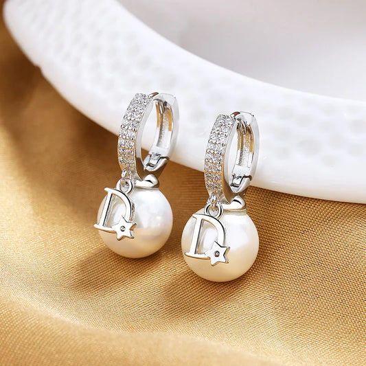 Luxury Pearl Drop Earrings - Designer D Letter Charm Hoop Earrings for Women